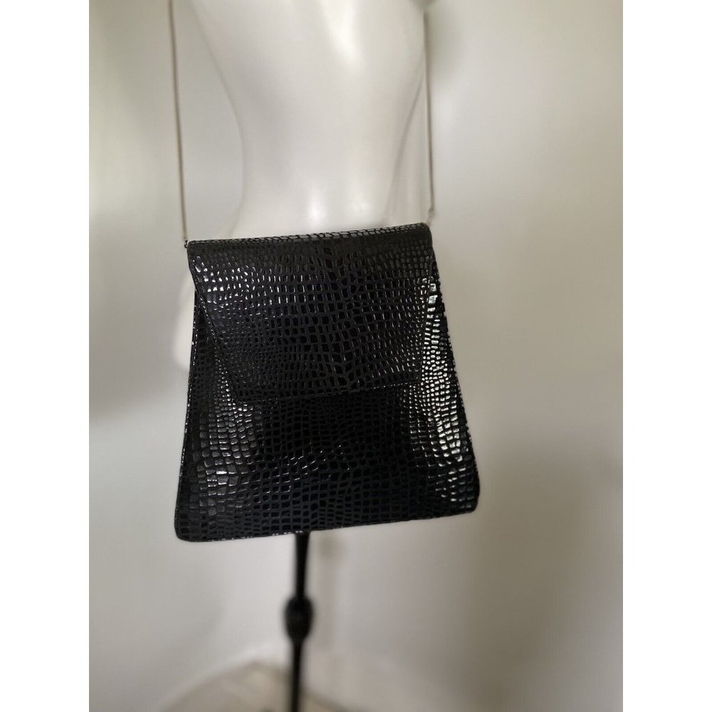 Vintage Costa Blanca Reptile Print Leather Clutch Bag Black Crossbody Metal‎ EUC